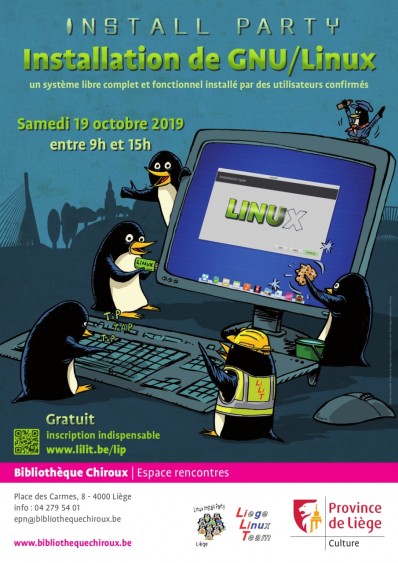 Affiche Linux install party 2019 à la bibliothèque Chiroux