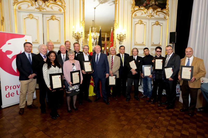 Les nouveaux ambassadeurs d'honneur de la Province de Liège, dont José BROUWERS, Michel VINCENT, Philippe WAXWEILER, Jessy PETIT-JEAN ou Giovanni BOZZI