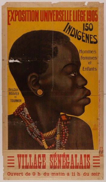 Affiche illustrée annonçant le village sénégalais présenté à l'Exposition universelle Liège de 1905