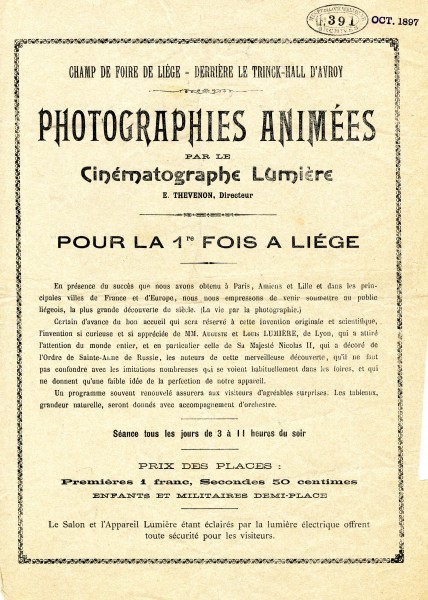Programme du Cinématographe Lumière proposant des « photographies animées » sur la Foire d’Octobre à Liège (1889-1901)